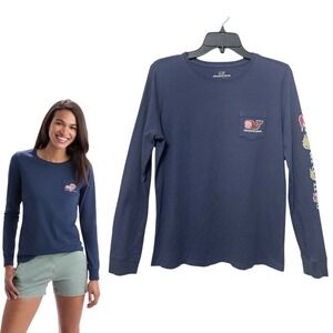 Vineyard Vines‎  Women's Turkey Whale Long-Sleeve Pocket Tee Blue  S